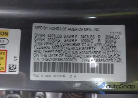 2019 Honda Accord Sport 2.0T from USA, damaged, VIN 1HGCV2F35KA003079